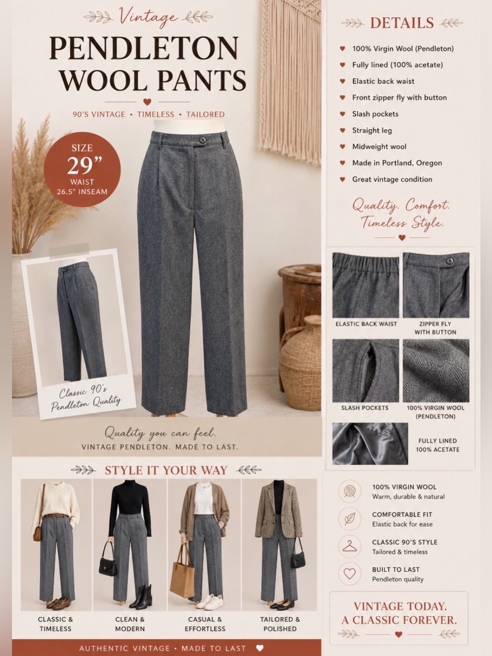 Pendleton 100% Wool-fully lined Gray Trouser Pant/ pockets - As IS stained